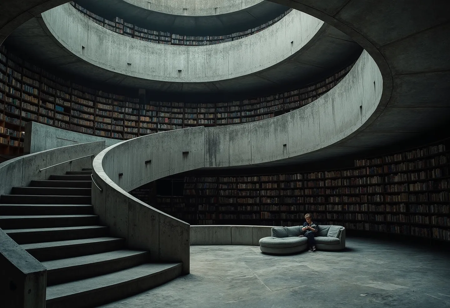 Interior of a brutalist design library with a large spiraling concrete staircase, endless dimly lit shelves of books, and a person reading on a sofa.