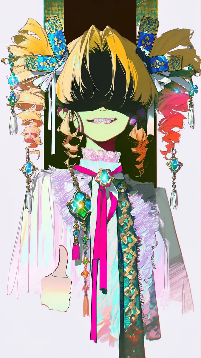 Garota no estilo anime loira com penteado twin drills, decorada com presilhas de pedras preciosas e fitas, dando joinha com expressão sorridente.