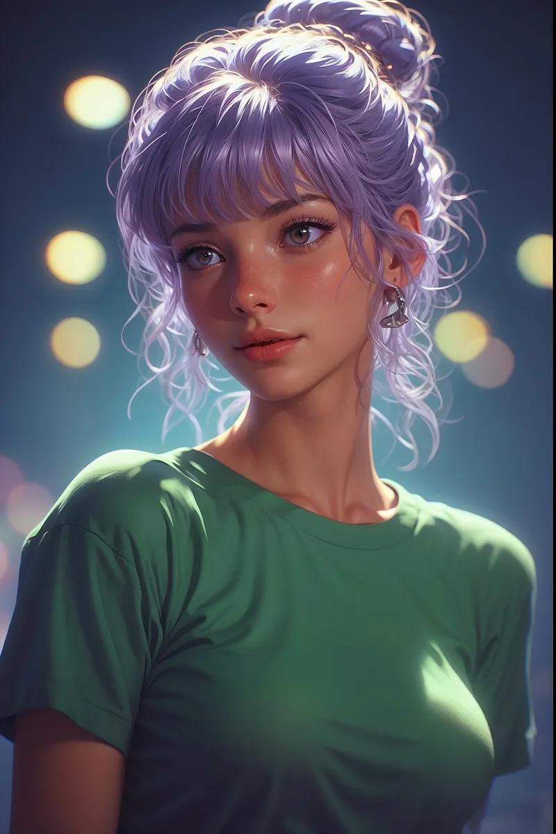 Illustrazione digitale di una giovane donna con capelli ondulati viola chiaro raccolti in uno chignon disordinato, che indossa una maglietta verde, con uno sfondo bokeh morbido e illuminazione delicata.