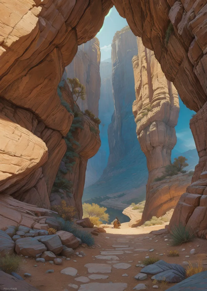 Rocky desert canyon trail framed by towering cliffs with soft golden sunlight casting shadows and a distant figure walking along the path.