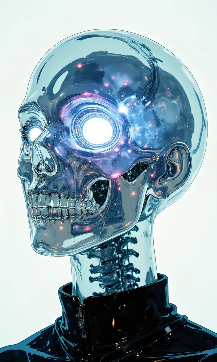 Close-up futuristic portrait of a woman with a transparent glass skull and skeleton, glowing iridescent vortex inside the head, wearing a black collar shirt.