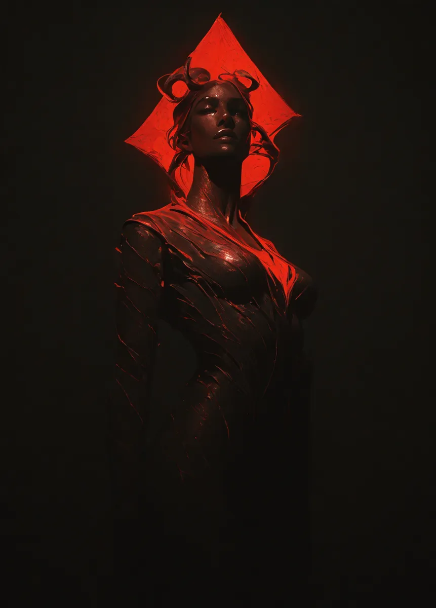 Uma representação realista e surreal de uma mulher com traje preto iluminada por um vibrante brilho vermelho, em luz dramática.