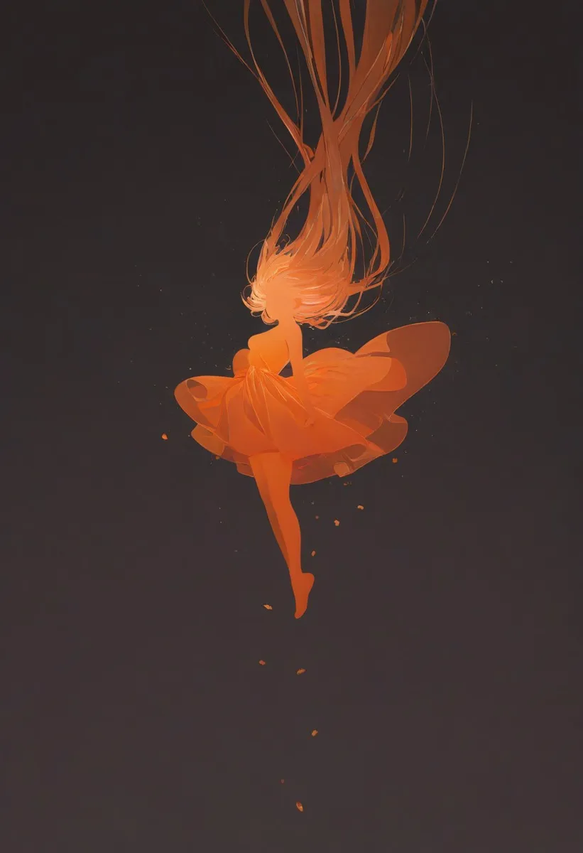 A floating girl in a flowing dress with long hair illuminated in vivid orange, set against a dark inverted background with subtle flower petals falling around her.