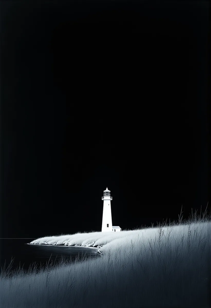 A solitary white lighthouse stands against a deep black midnight sky, surrounded by softly lit tidal flats and windswept grasses with a minimalistic and ethereal aesthetic.