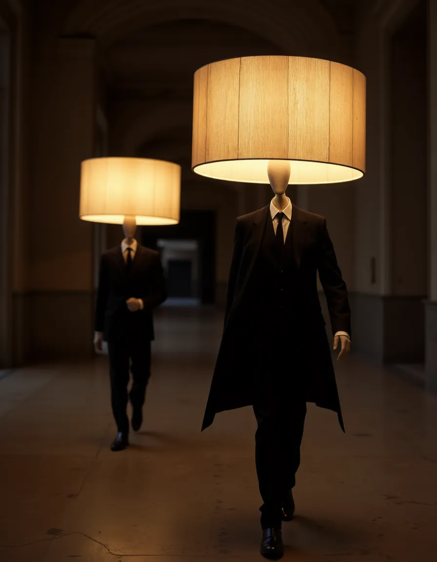 Two thin men dressed in black suits with large lampshades on their heads walking quietly through a dimly lit corridor inside the Louvre Museum.