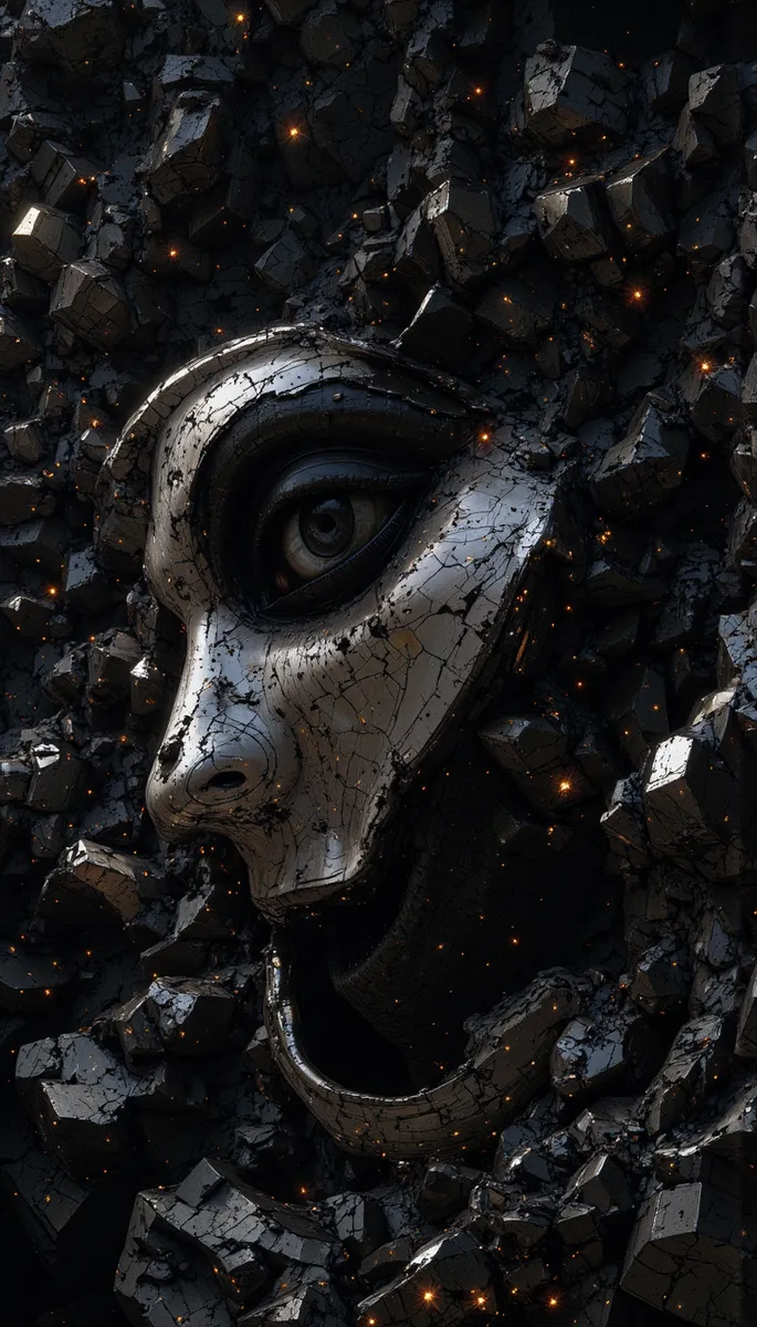 Um rosto surreal poligonal preto e branco detalhado embutido em fragmentos escuros rachados com profundidade de campo e partículas brilhantes, visto de um ângulo incomum.