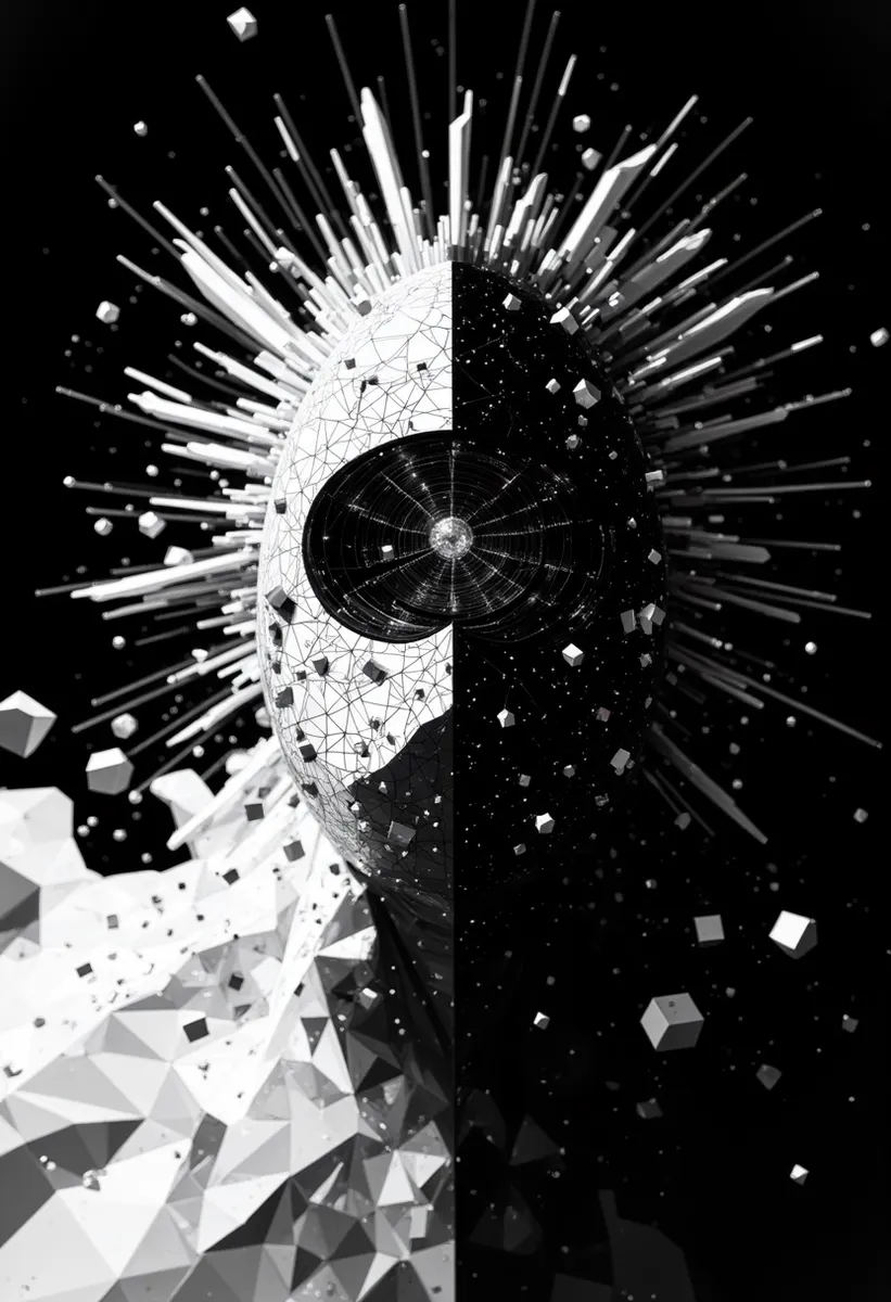 Abstract black and white geometric humanoid head with polygons radiating outward, symbolizing human will and breakthrough through dimensions