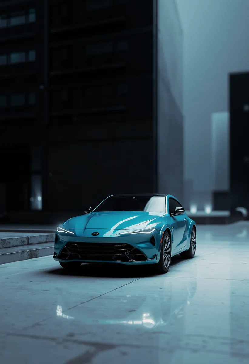 A sleek turquoise car in an urban setting with high contrast lighting and reflective surfaces, highlighting the vehicle's modern design.