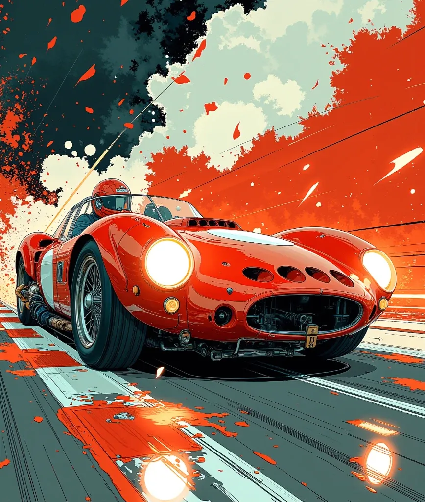 Illustration of a vibrant red racing car with headlights on, speeding on a racetrack with a dynamic, abstract background and a visible driver in racing gear.