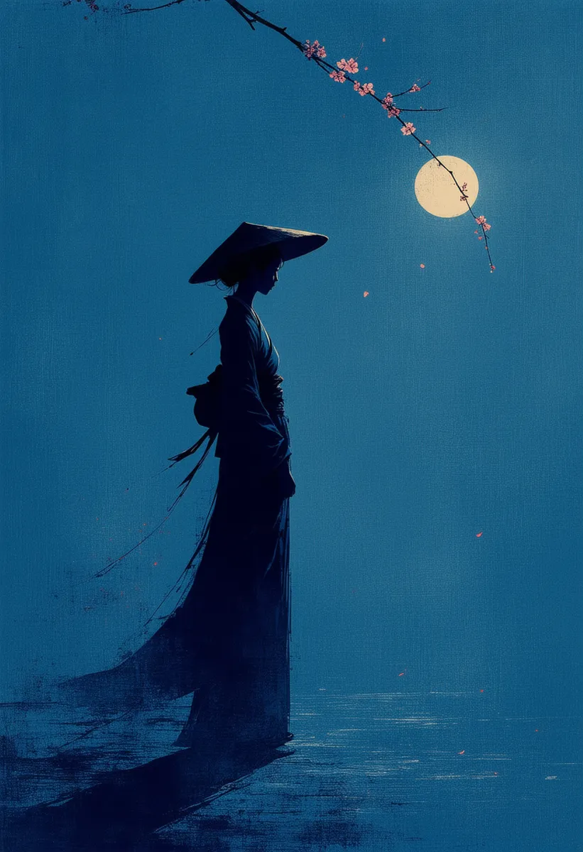 Silhouette of a Japanese femme fatale wearing a wide-brimmed straw hat against a deep indigo background, with a luminous cherry blossom petal above her.
