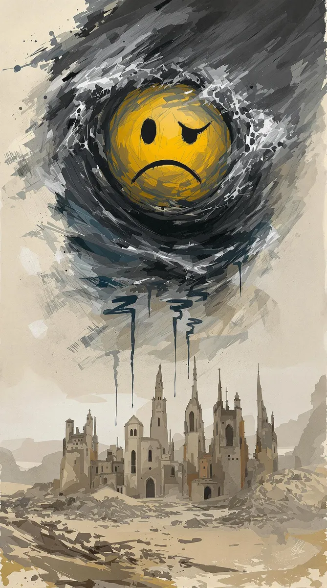 Surreal abstract double exposure showing a moody bored emoji face formed by crashing storm waves above a devastated city in ruins, rendered as a rough hand-painted sketch.