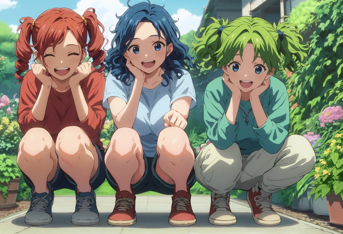Tre felici ragazze anime con capelli blu, rossi e verdi accovacciate all'aperto in un colorato giardino di fiori, sorridendo luminosamente verso lo spettatore.
