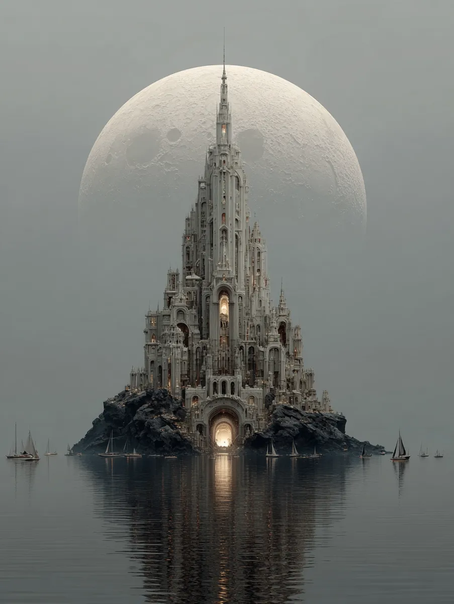 A towering ivory-colored fantasy castle on rocky terrain reflected on calm water, with sailboats around and a large moon in the background.