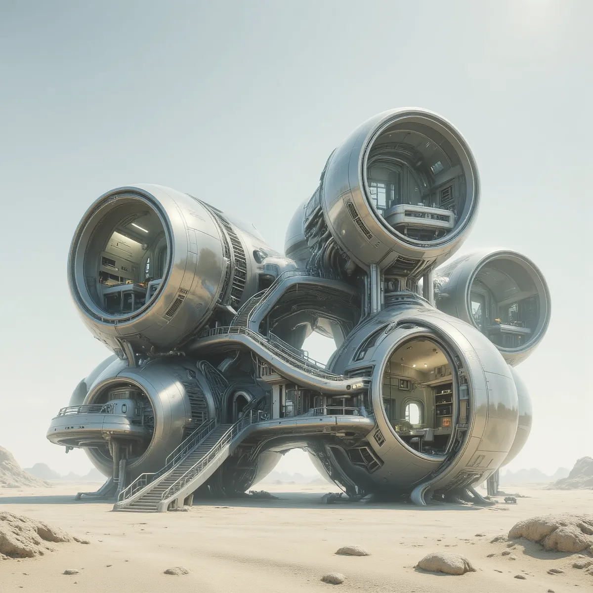 A futuristic high-tech building composed of interconnected cylindrical transparent tubes with visible interior rooms, set on a sandy rocky terrain under a light blue sky.
