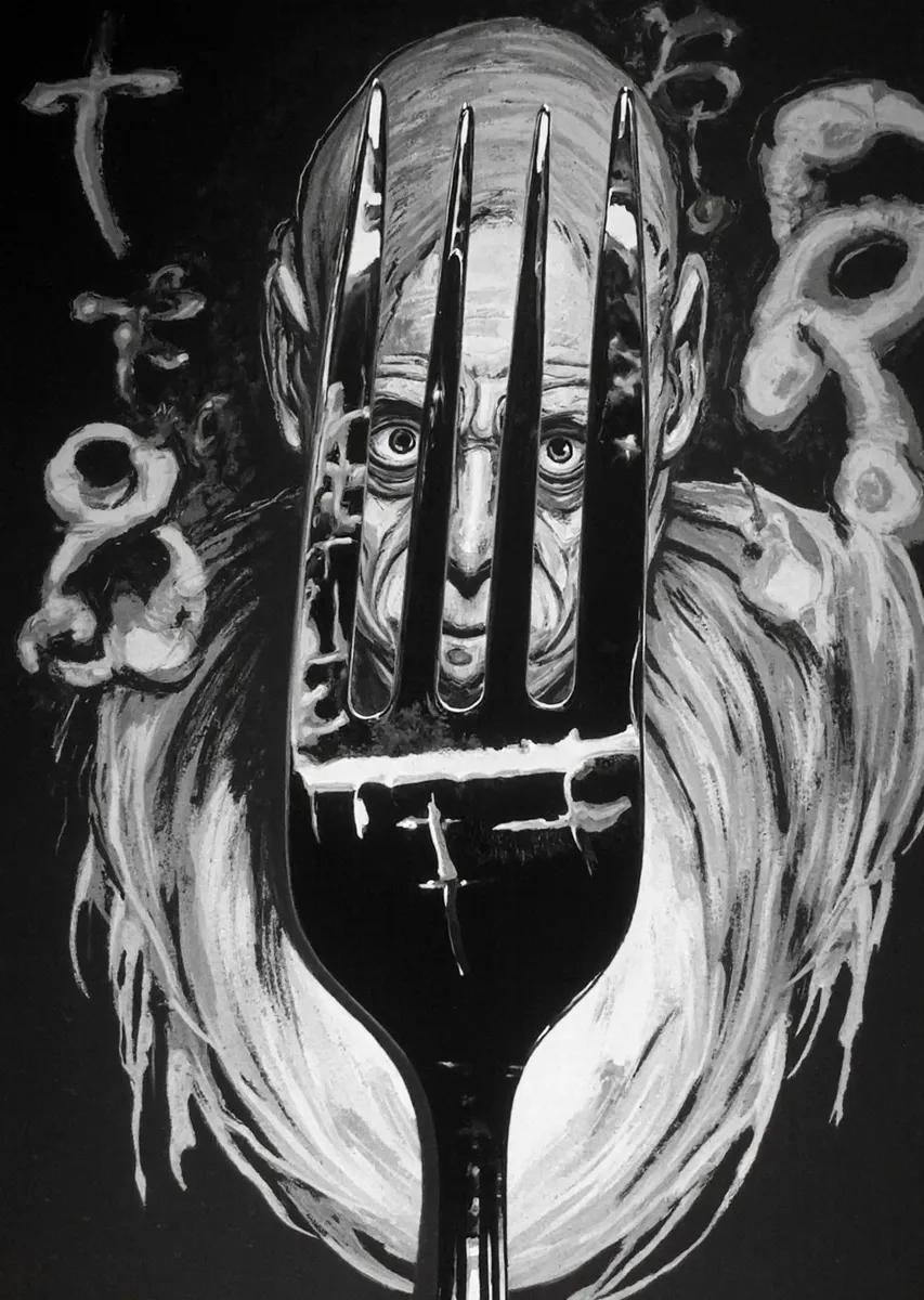 Black and white illustration featuring a grotesque and monstrous character reflected sharply on the polished surface of a fork, highlighting exaggerated facial features, scars, and deep shadows.