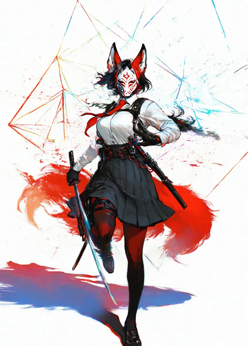 An adult woman wearing a cracked fox mask and school uniform, wielding a katana and surrounded by glowing red fox fire tails in an action pose with glitch art elements.