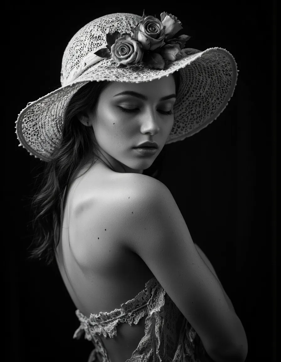 Black and white portrait of a young woman in soft chiaroscuro light, wearing a detailed lace wide-brimmed hat decorated with three roses, eyes closed and looking down.