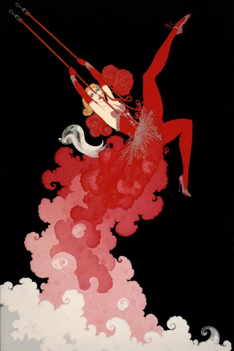Una mujer glamurosa con cabello rizado rojo en un disfraz vintage brillante inspirado en rojo, columpiándose en el aire, con plumas estilizadas rojas y rosadas detrás de ella contra un fondo negro.
