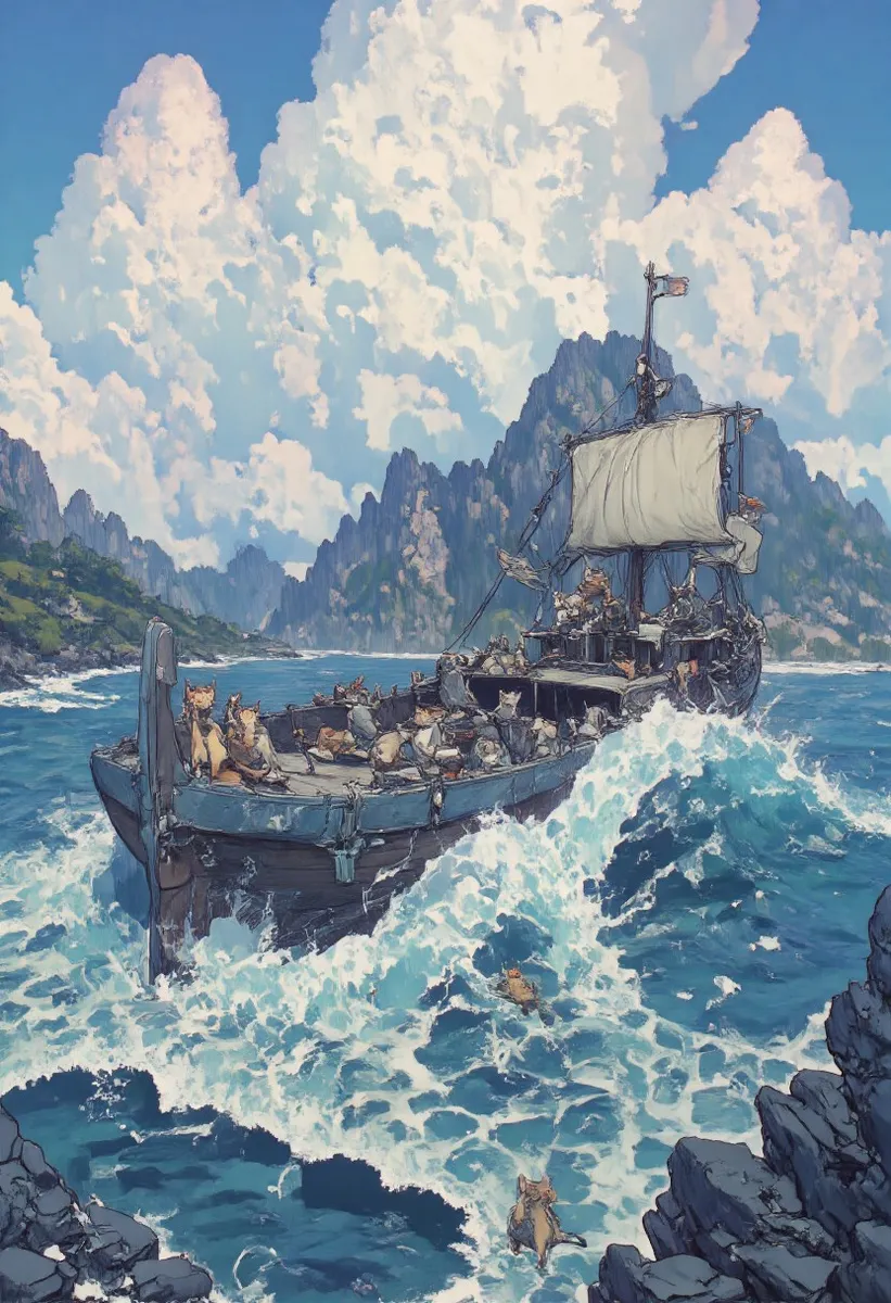 北斋风格下动荡海浪上的猫咪- AI 图像画廊| Diffus, image size:821x1200