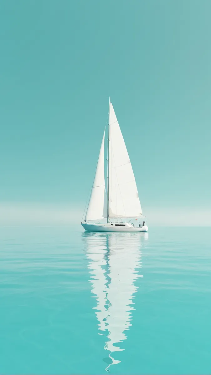 Minimalist white sailboat with large sails floating on calm turquoise water under soft pastel lighting with wide open sky and negative space