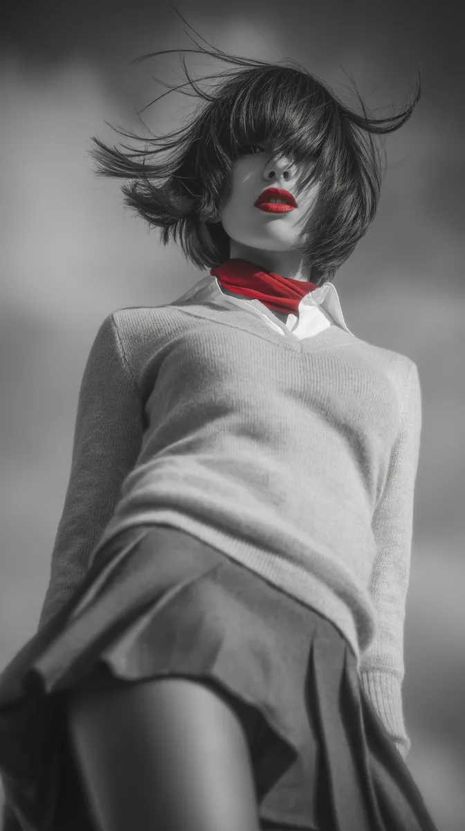 A black and white portrait of a woman with windblown hair wearing a red scarf and red lipstick, dressed in a sweater and skirt.