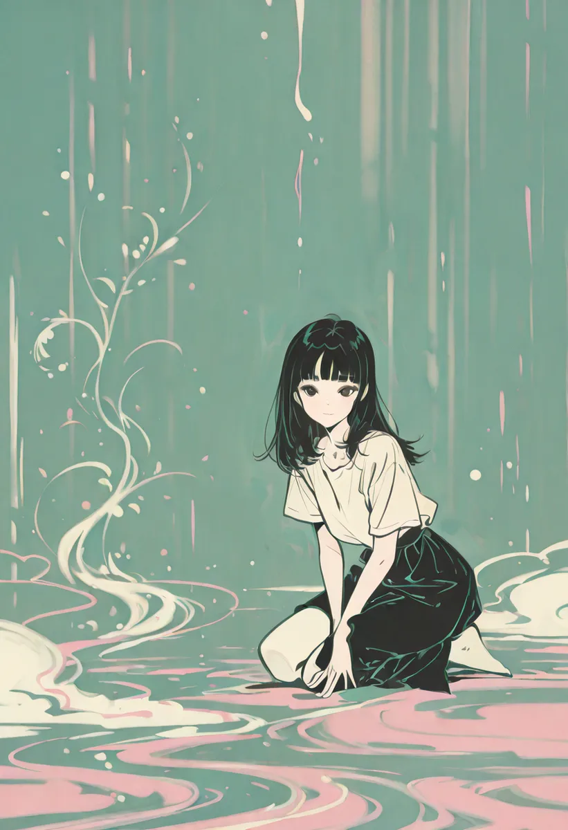 Una ragazza con capelli corti neri e frangia dritta inginocchiata su una superficie fluida rosa e verde, ambientata su uno sfondo pastello verde blu profondo con illuminazione soffusa e atmosfera sognante in stile anime.