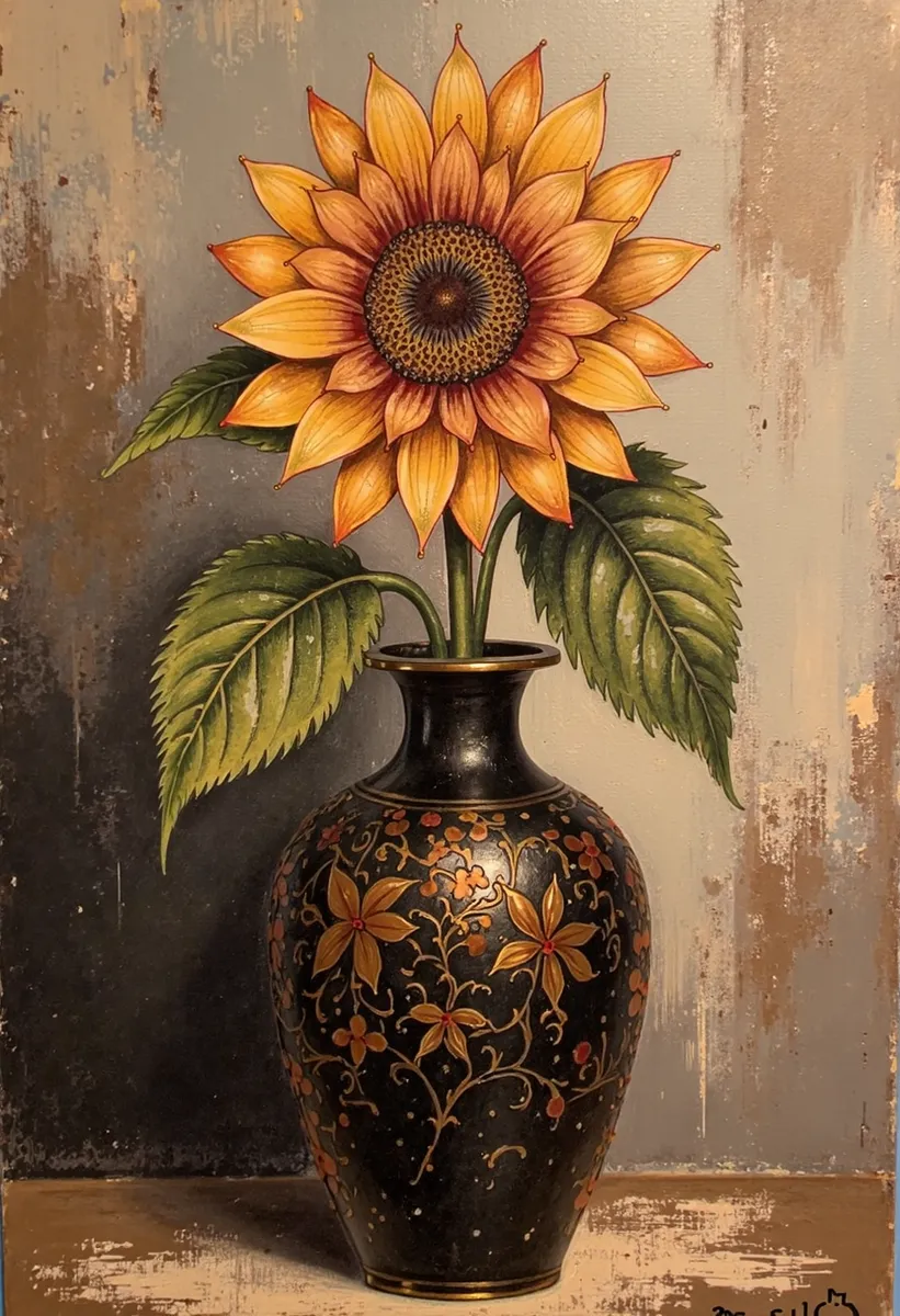 A detailed painting of a vibrant sunflower with yellow petals and green leaves in an ornate black vase decorated with copper floral patterns.