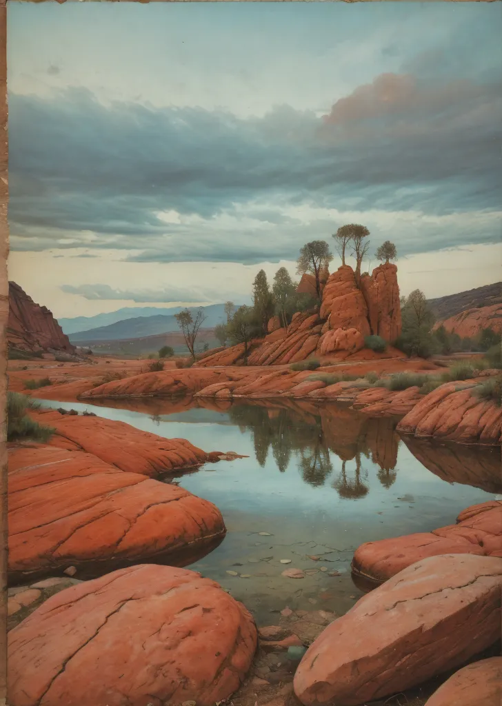 A vintage-styled desert landscape featuring reddish sandstone rock formations surrounding a reflective pool of water under a cloudy sky.