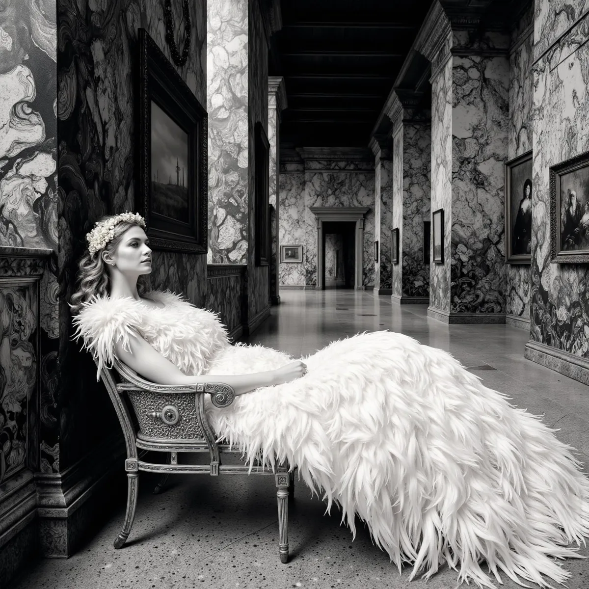 Black-toned photo of a woman in a feathered gown reclining on an ornate chair in a marble-columned apocalyptic museum hallway adorned with framed artwork.