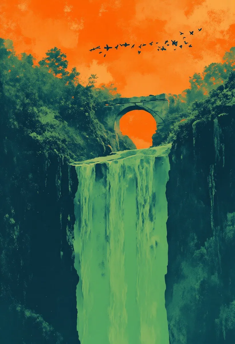 A ruined stone bridge arches over a deep chasm with a glowing green waterfall below, surrounded by twisted pine trees and black two-headed birds flying under a vivid orange sky.