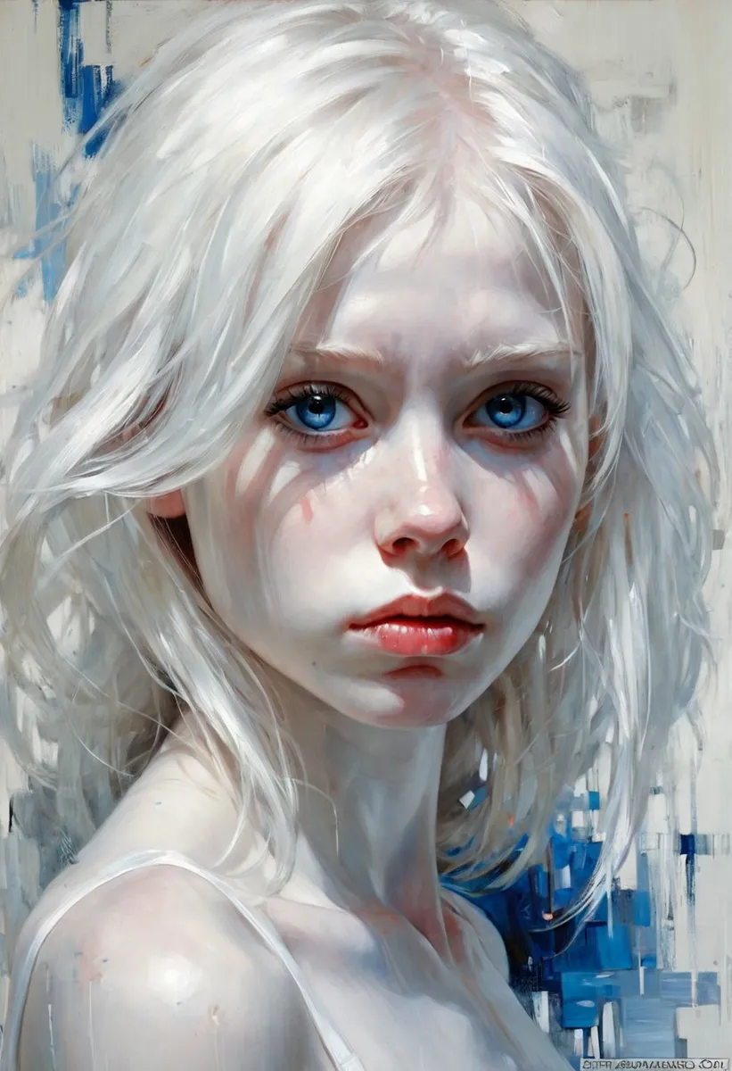 Portrait d’une belle fille albinos aux yeux bleus saisissants et aux cheveux blancs, montrant une expression triste dans un style de peinture à l’huile impressionniste bleu et blanc.