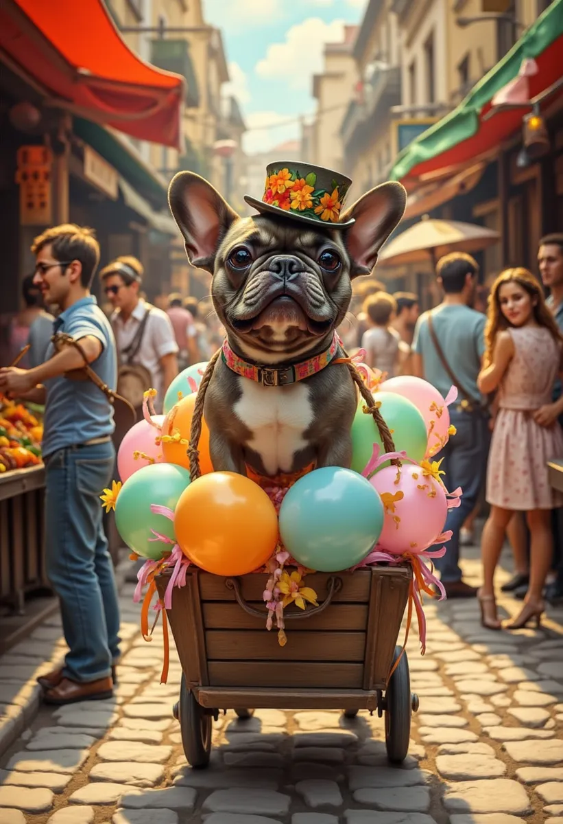 A French Bulldog wearing a floral jaunty hat sitting in a wooden cart filled with colorful pastel balloons amidst a bustling street market crowd under warm sunlight.