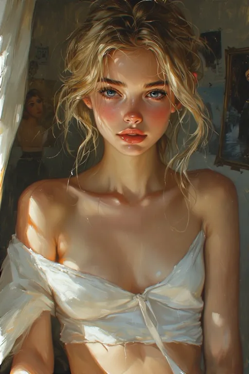 Portrait of a young woman with a slender neck, defined collarbones, delicate body, and golden blonde hair, wearing a white off-shoulder top in soft natural lighting.