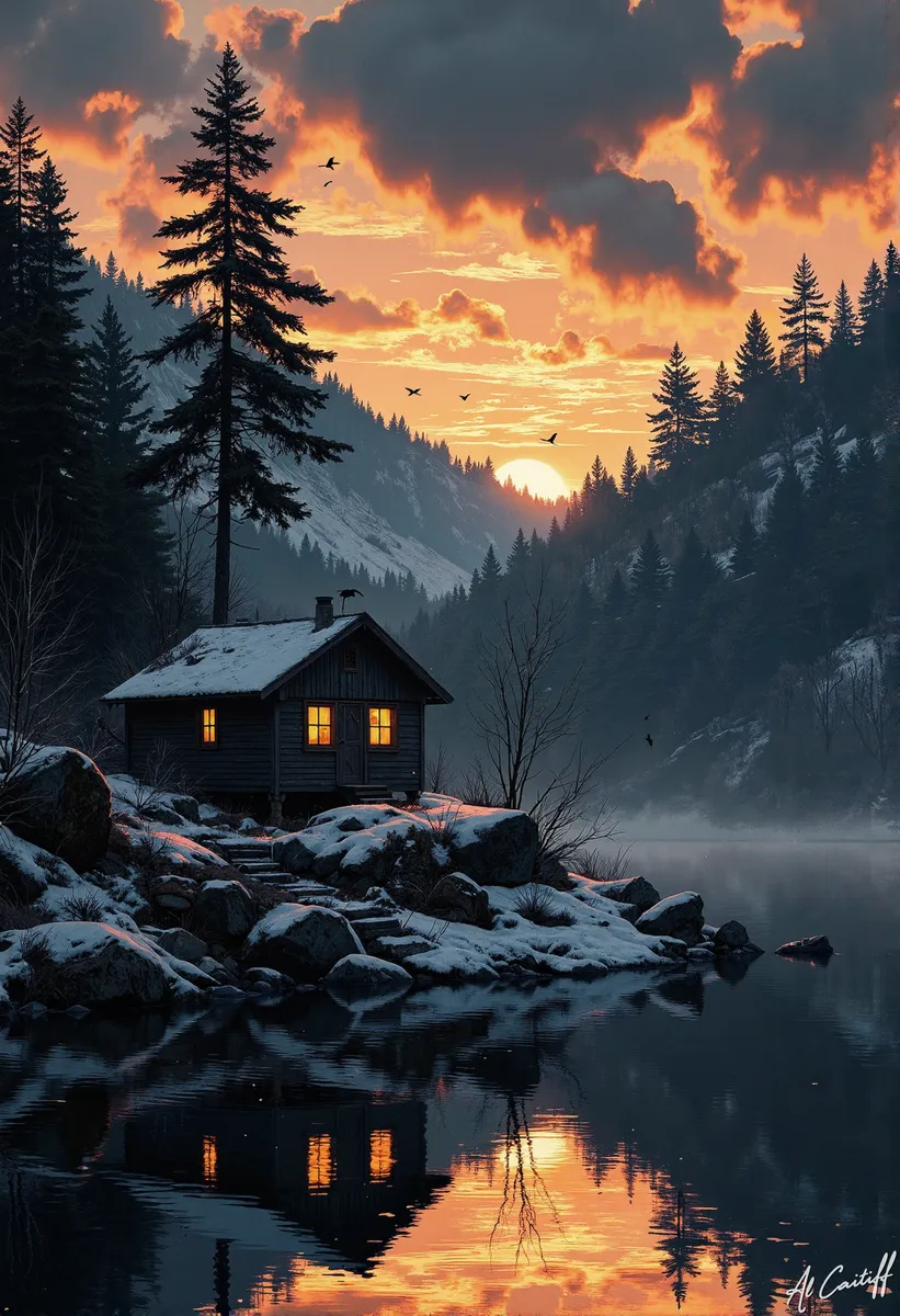A small dark wooden house with glowing warm windows on a snowy rocky hillside by a reflective lake, surrounded by pine trees under a dramatic sunset sky.
