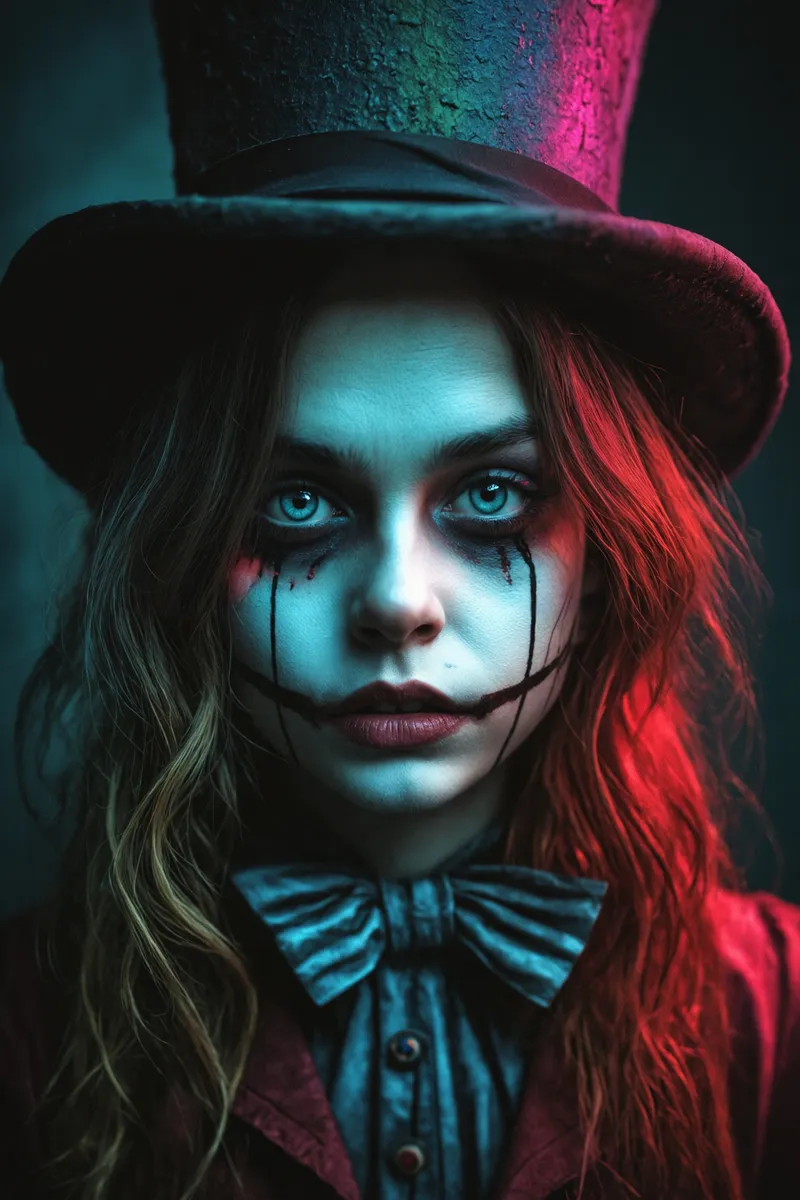 Portrait of a young mad hatter girl with pale face paint and horror makeup, wearing a tall hat and bow tie, lit by cold rim light with vibrant red shadows.