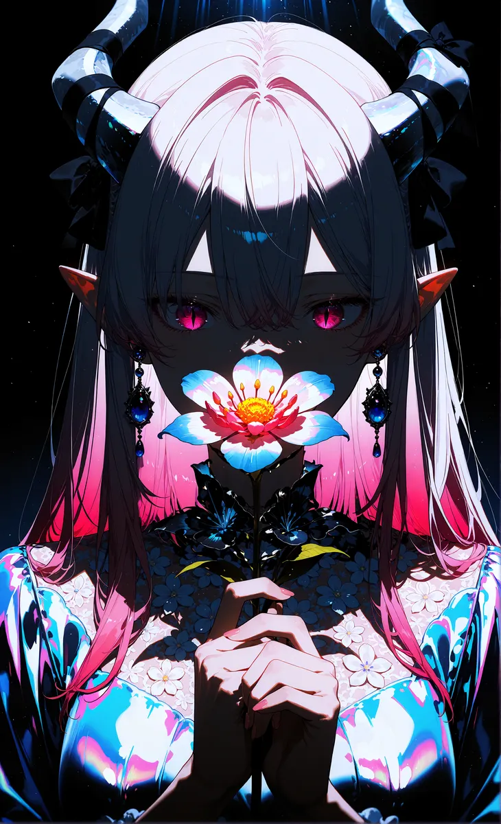 Vista ravvicinata di una ragazza fantasy oscura con capelli rosa pallido e corna bianche corte, che tiene un fiore iridescente davanti al volto sotto un'illuminazione volumetrica drammatica.