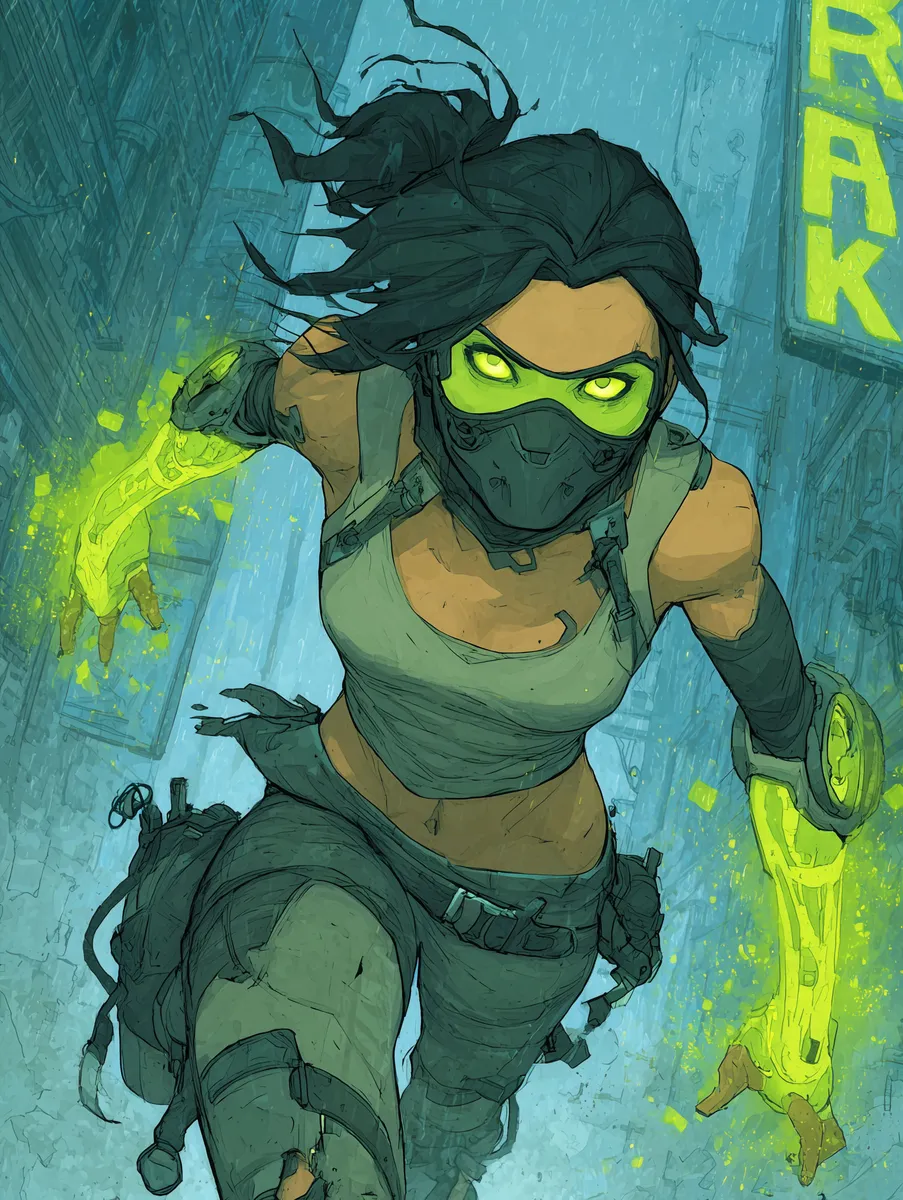 A dynamic plasma warrior with glowing yellow gauntlets and neon green eyes, wearing a mask and combat gear, running through a rainy urban environment.