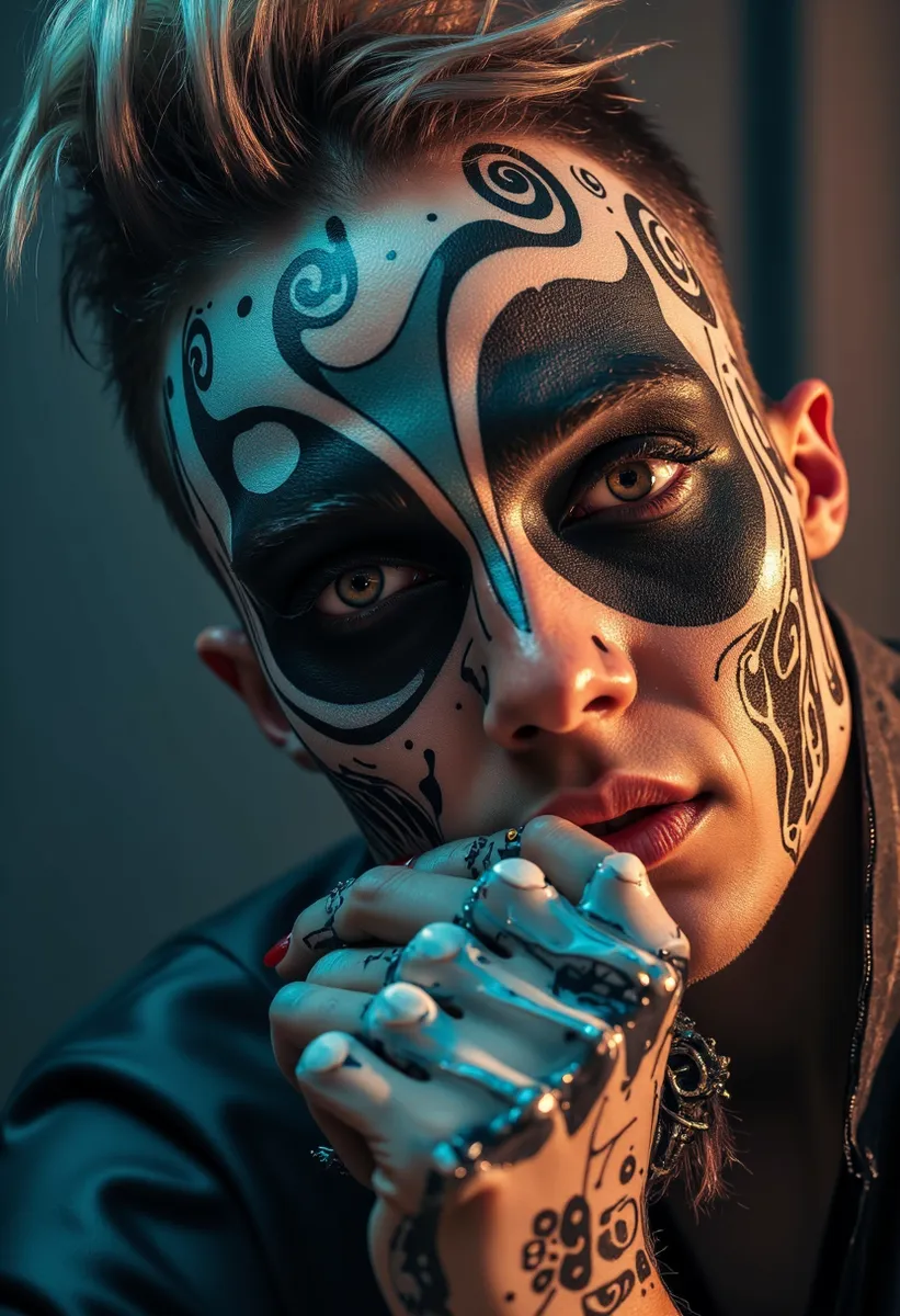 Close-up portrait of a man model with intricate black face paint patterns including swirls around the eyes and forehead, displaying a serious expression.