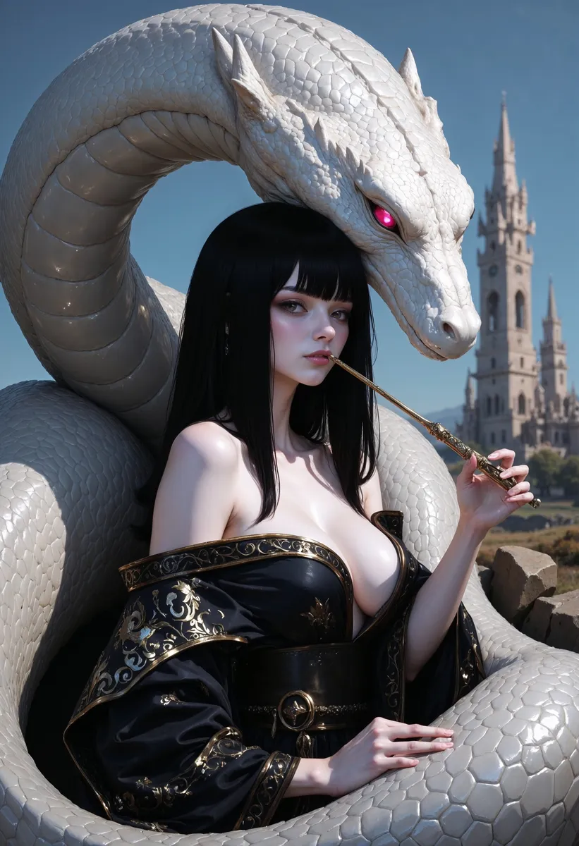 Una donna in un kimono nero e oro ornato che tiene un flauto, abbracciata da un grande serpente bianco con occhi rosa luminosi, con un castello sullo sfondo.
