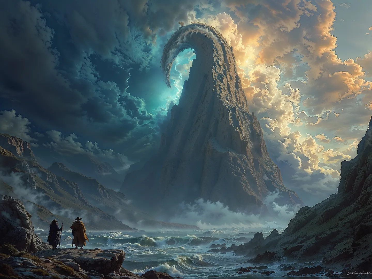 A vast and moody landscape featuring a towering spiral-shaped mountain peak surrounded by stormy ocean waves and dramatic swirling clouds, with two travelers observing from a rocky foreground.
