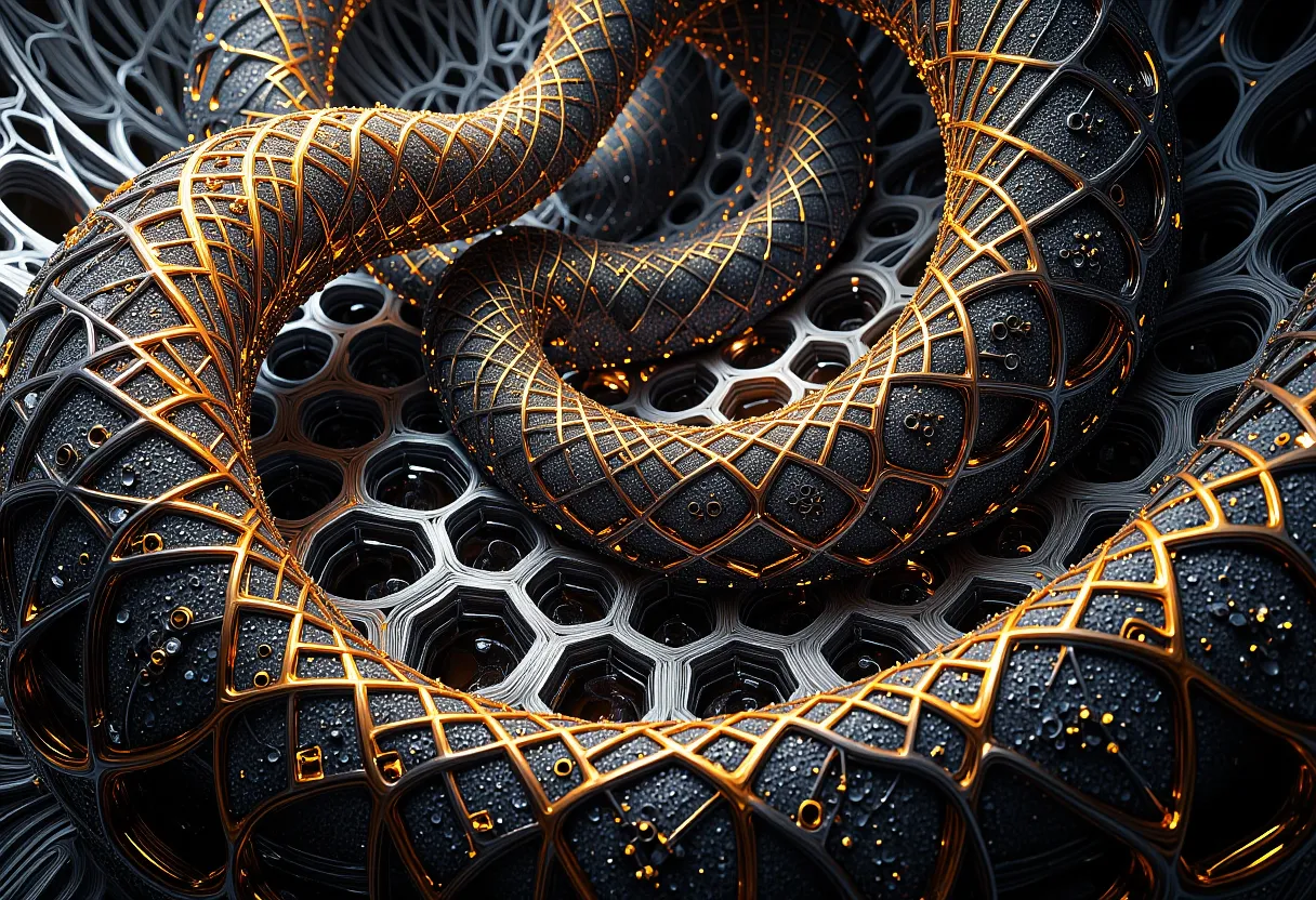 Hyperrealistic 3D fractal cloth made of interconnected gold and silver wire octagons forming an intricate metallic geometric pattern with smooth fractal surfaces.