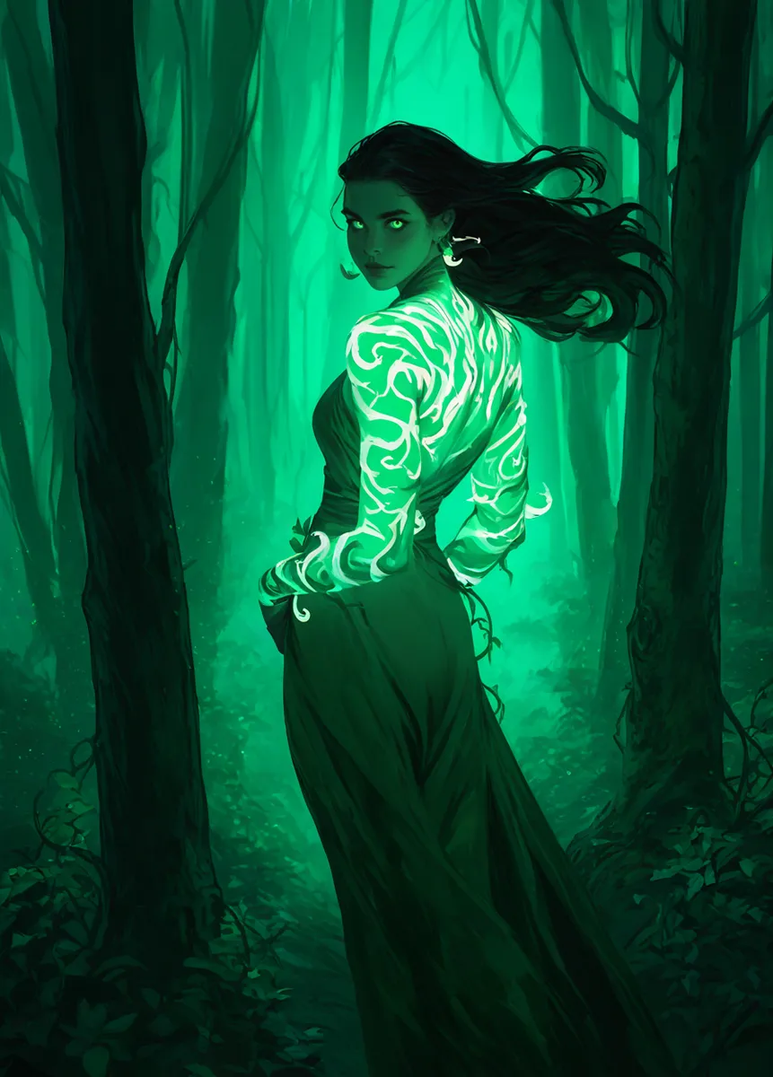 A glowing green-skinned forest nymph with intricate luminous tattoos, standing in a dark, mystical forest with flowing black hair and piercing eyes.