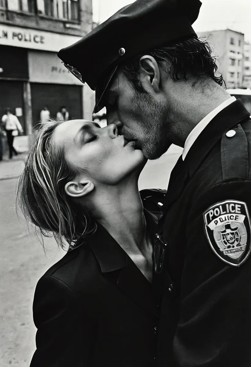 Fotografia in bianco e nero di una poliziotta e un poliziotto che si baciano in strada, catturata in uno stile intimo e ravvicinato come Anton Corbijn.