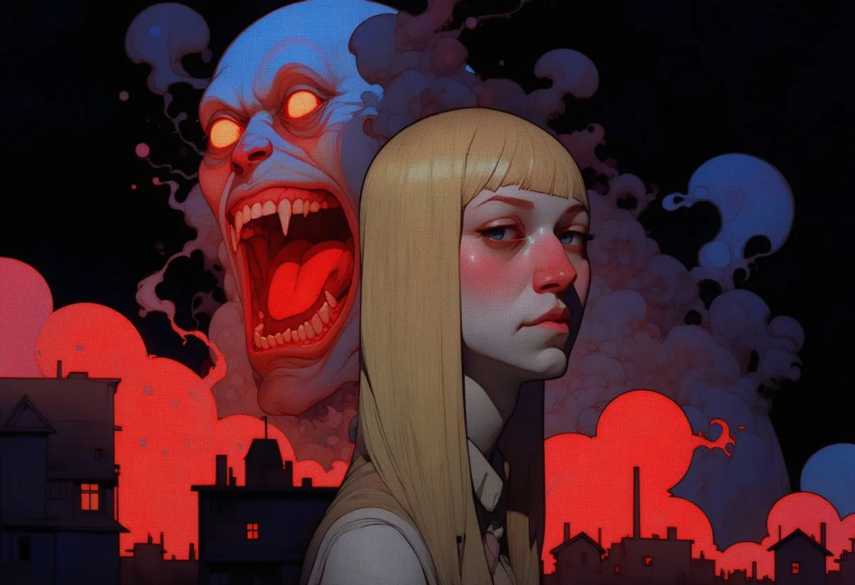 Glowing Portrait of Blonde Woman with Monstrous Creature - AI Image ...