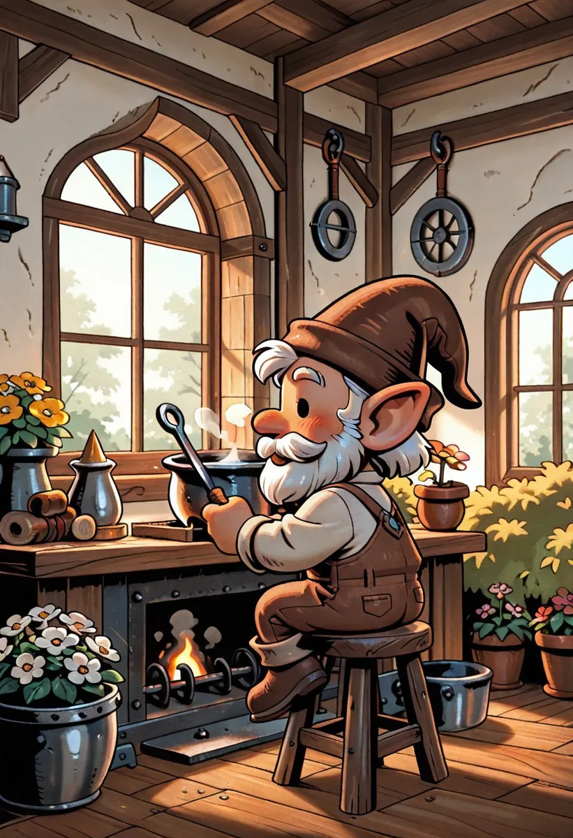 Ferreiro gnomo estilo chibi sentado em um banquinho em uma oficina aconchegante, usando chapéu marrom e macacão, trabalhando junto à forja com flores e interior de madeira visíveis.
