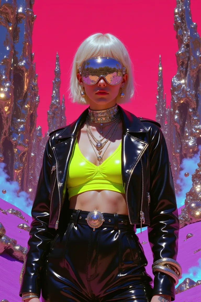 Hochkontrast-Porträt einer futuristischen, punkinspirierten Frau mit platinblonden Haaren, neongelbem Bralette, schwarzer Lederjacke, reflektierenden Visier-Sonnenbrillen, stehend in einer surrealen dystopischen Umgebung mit metallischen kristallinen Strukturen und einem lebhaften pinken Himmel.