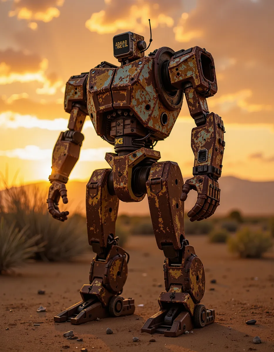 A highly detailed rusty robot standing in an arid desert landscape with a warm golden sunset in the background