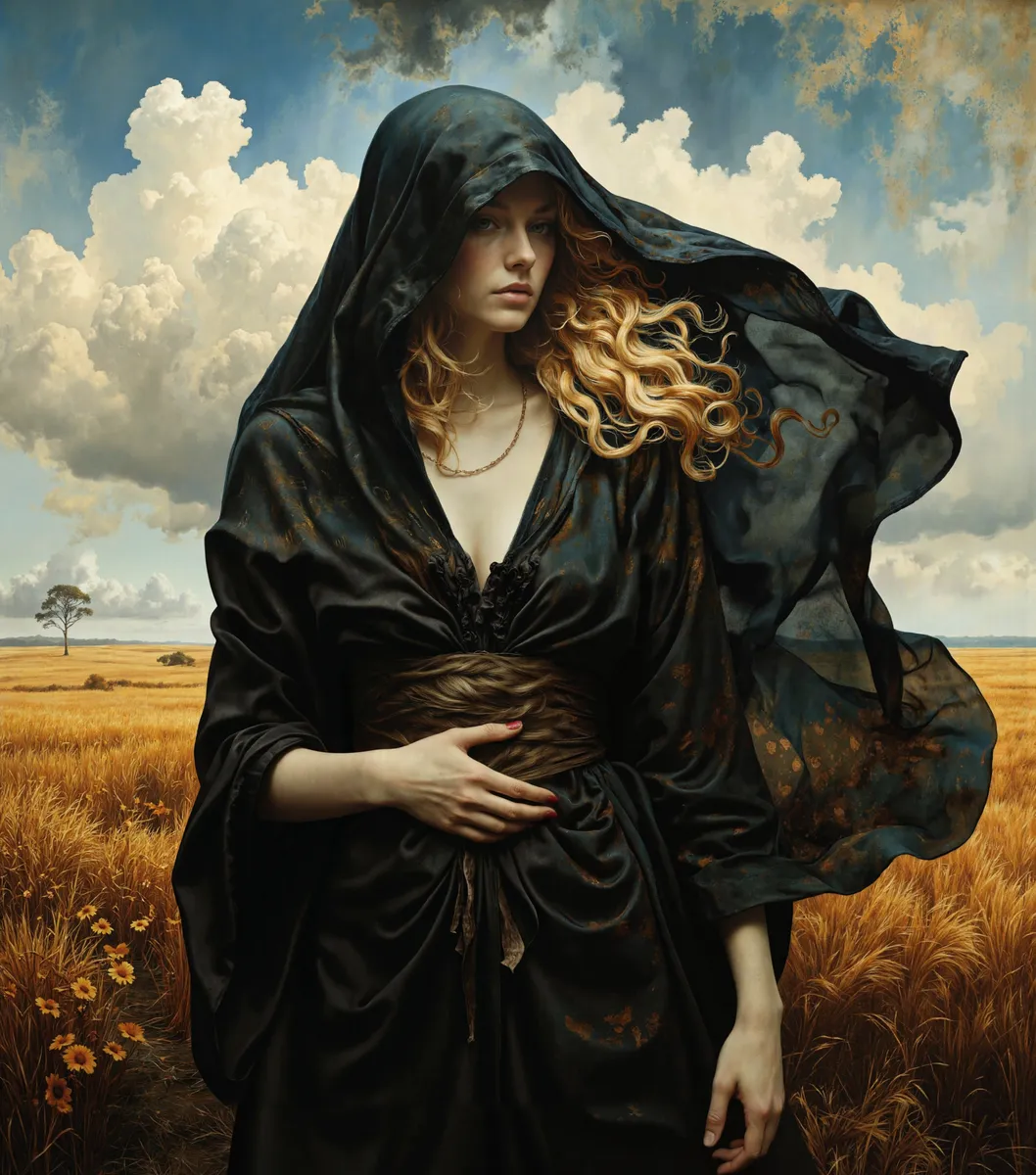 Bella giovane donna con capelli biondi ondeggianti che indossa un velo nero e un vestito nero, in piedi in un campo di grano dorato sotto un cielo nuvoloso drammatico in una giornata estiva, ritratta con dettagli iper-realistici e illuminazione chiaroscuro.
