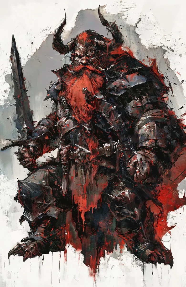 Guerriero demoniaco vestito con armatura scura appuntita, con barba rossa infuocata e grandi corna ricurve, che tiene una lancia minacciosa.