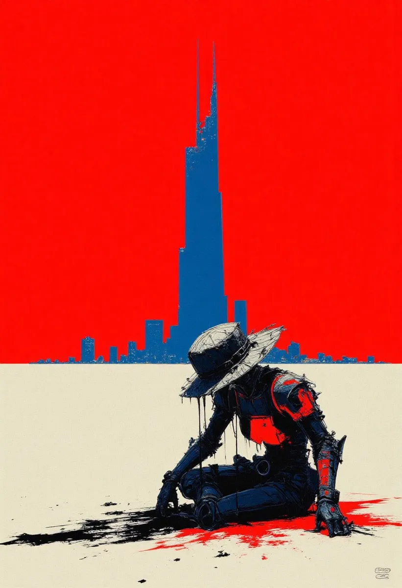 A humanoid robot with rusted, cracked metallic body and a torn straw hat sits slouched in a pale desert with a vivid red sky and a tall blue skyscraper in the background.